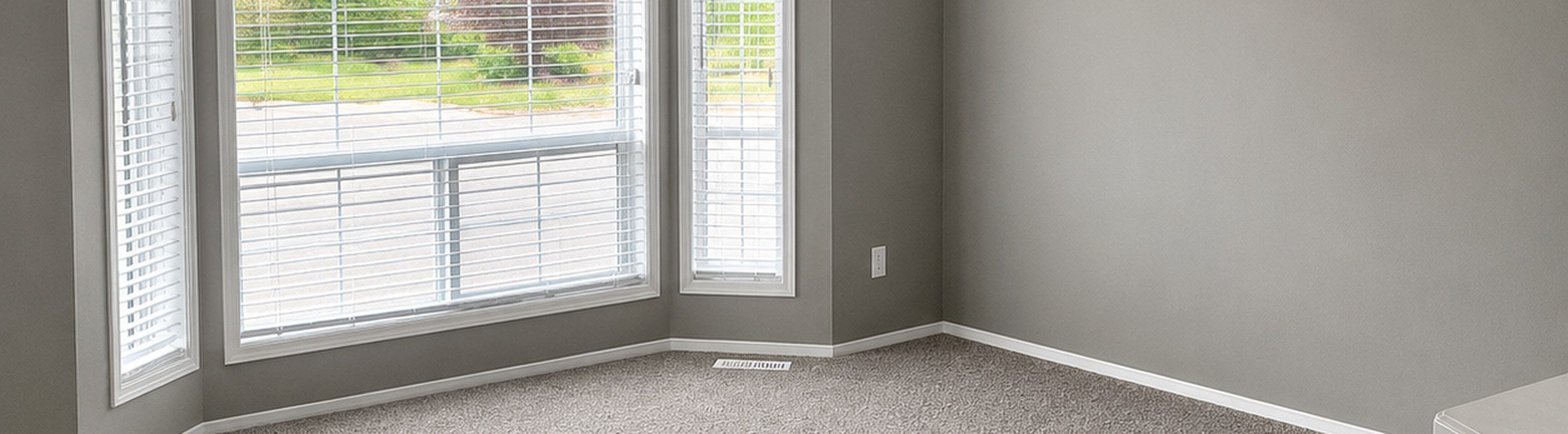 Clean rental room with fresh carpet and neutral painted walls