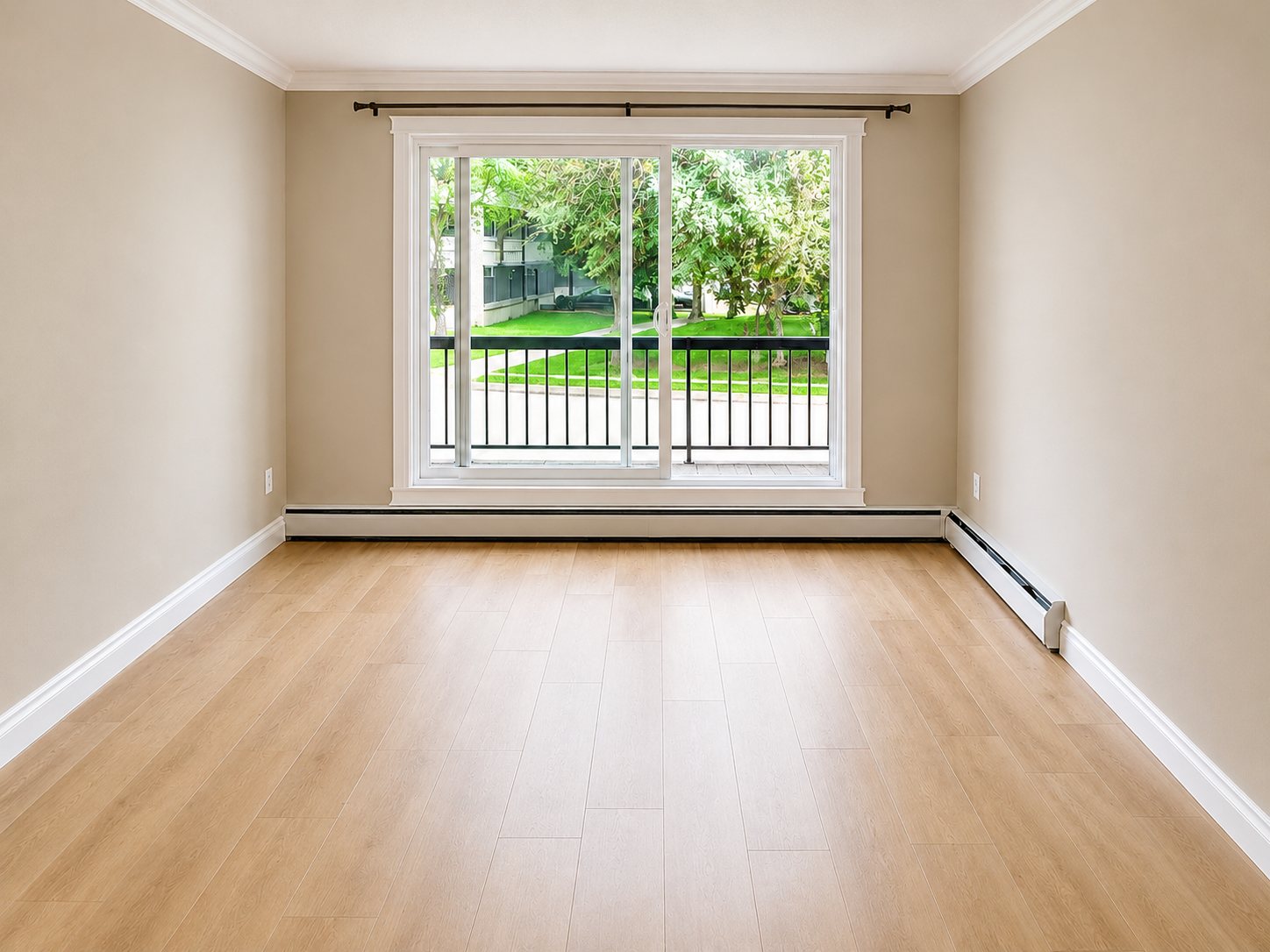Managed residential apartment interior with large window and new flooring completed by 780 Construction